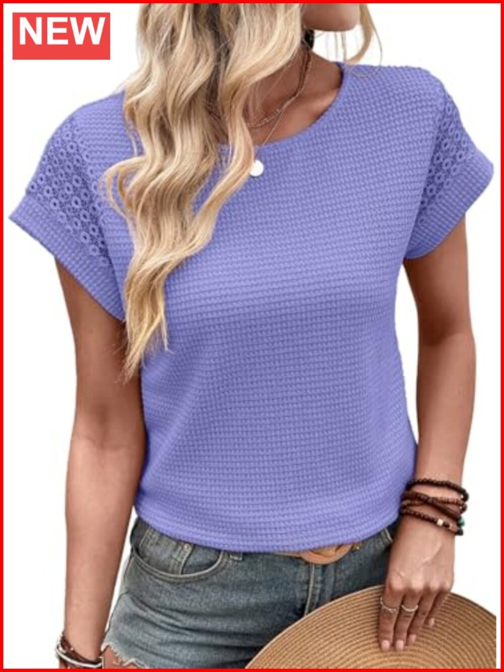 Waffle Knit Lace Short Sleeve Crewneck Loose Fit Casual Summer Tee